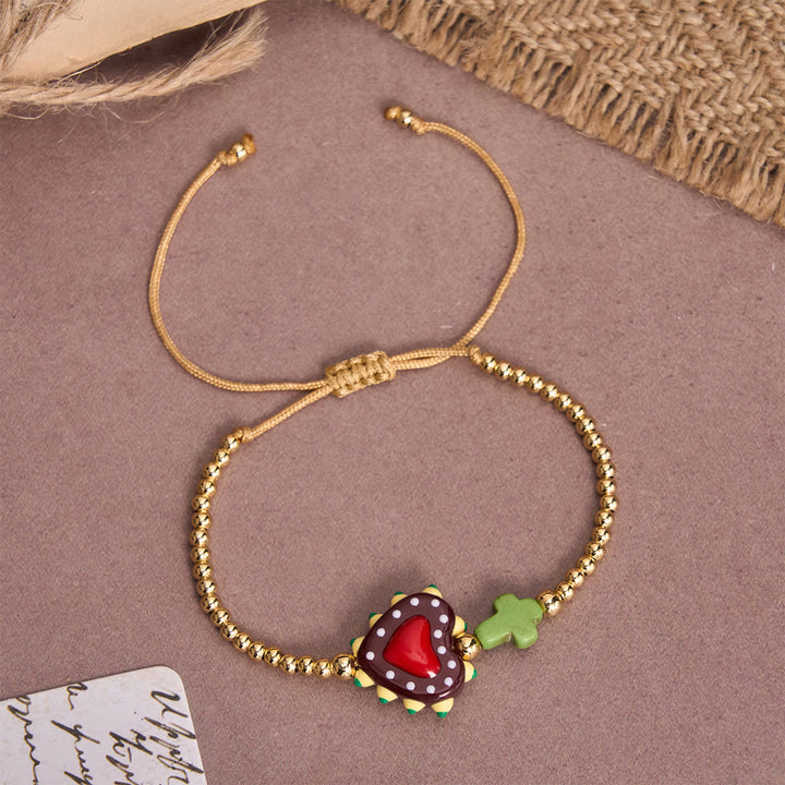 Christianartworkshop Cartoon Style Hand-Decorated Sacred Heart & Tiny Cross Accent Gold Bead Adjustable Cord Bracelet - D - image 8