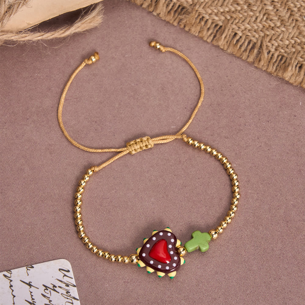 FREE Today: Cartoon Style Hand-Decorated Sacred Heart & Tiny Cross Accent Gold Bead Adjustable Cord Bracelet - D - image 8