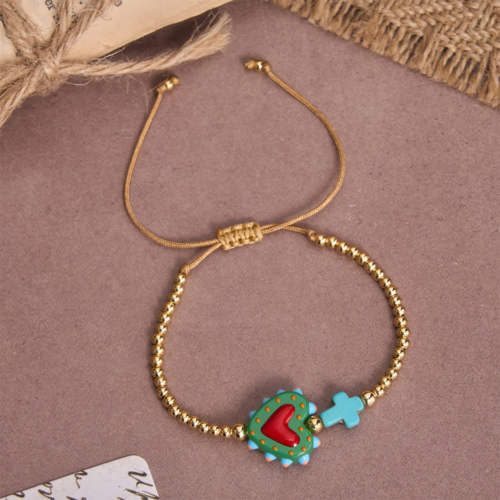 FREE Today: Cartoon Style Hand-Decorated Sacred Heart & Tiny Cross Accent Gold Bead Adjustable Cord Bracelet - F - image 12