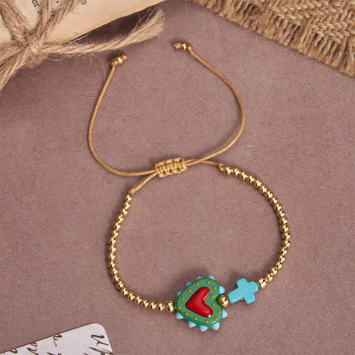 FREE Today: Cartoon Style Hand-Decorated Sacred Heart & Tiny Cross Accent Gold Bead Adjustable Cord Bracelet - F - image 12