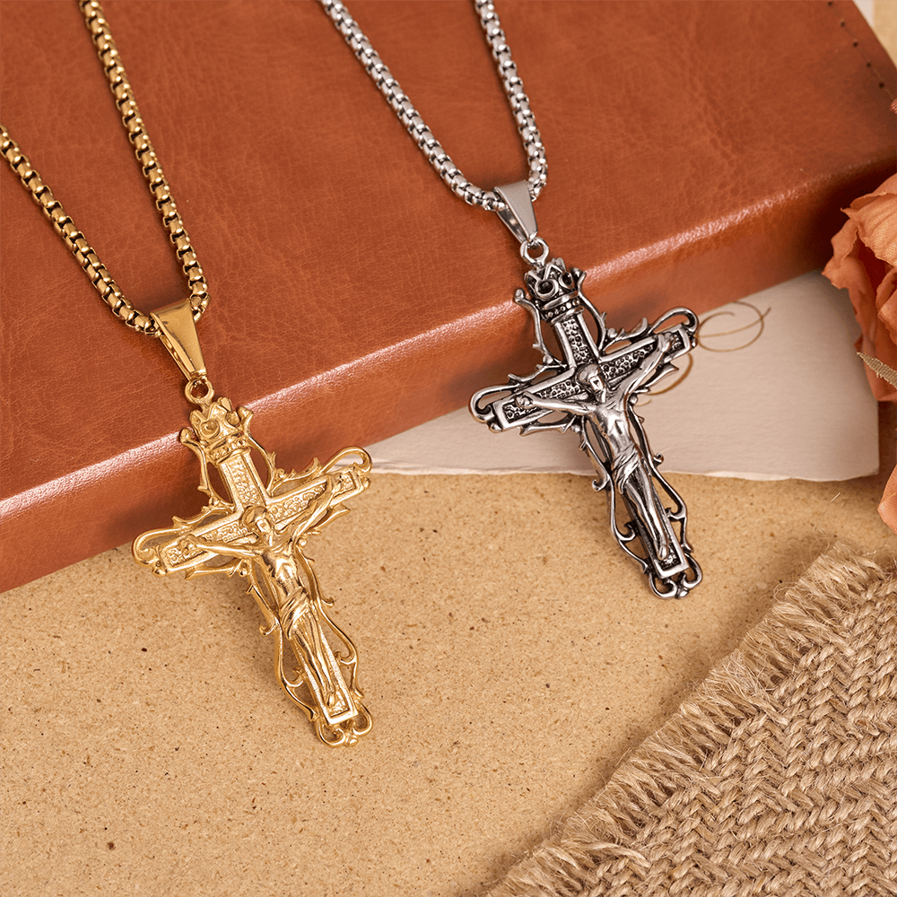 Christianartworkshop Vintage Crown Top Thorn Trim Crucifix Pendant with Detailed Corpus & Classic Box Chain Necklace - image 1