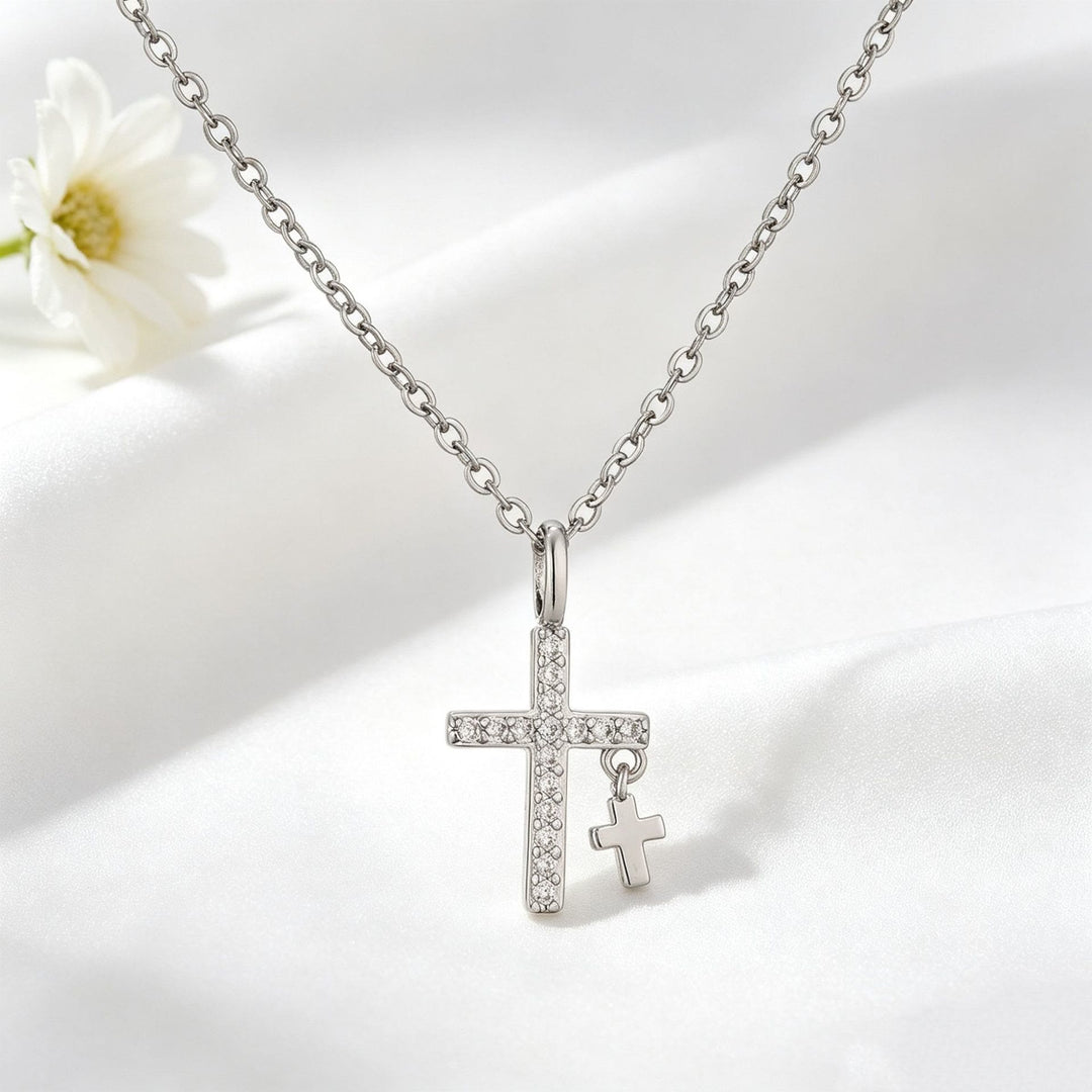 Christianartworkshop Pave Zircon Inlaid Large Cross Pendant with Solid Mini Dangling Cross & Classic Cable Chain Necklace - image 4
