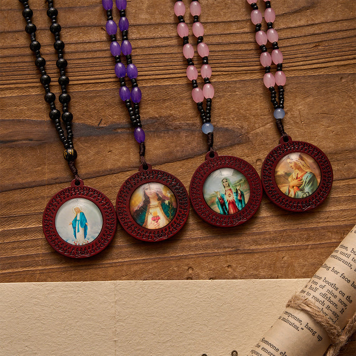 Christianartworkshop Carved Border Wood Frame Our Lady Printed Portrait Pendant Irregular Gem Bead Cord Necklace - image 0