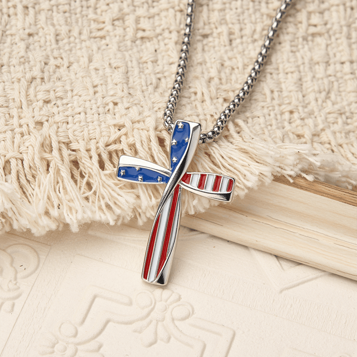Christianartworkshop Twisted Wrapped Frame Star & Stripe Enamel Inlay Cross Box Chain Necklace - American Flag Cross - image 0