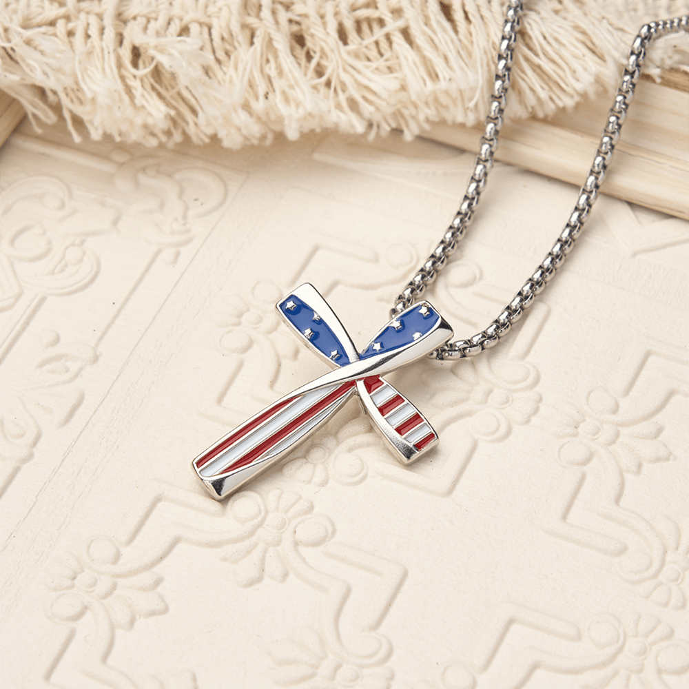Christianartworkshop Twisted Wrapped Frame Star & Stripe Enamel Inlay Cross Box Chain Necklace - image 2