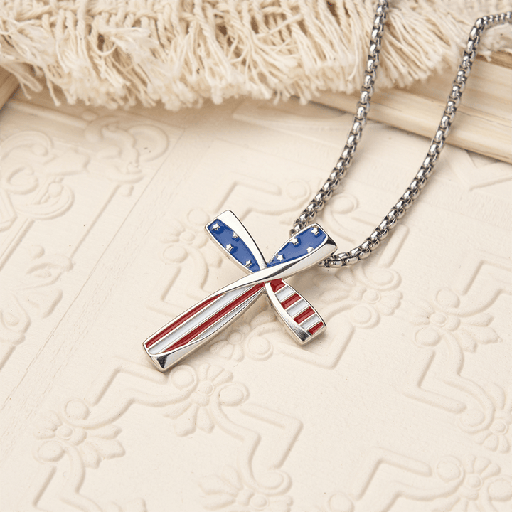 Christianartworkshop Twisted Wrapped Frame Star & Stripe Enamel Inlay Cross Box Chain Necklace - image 2