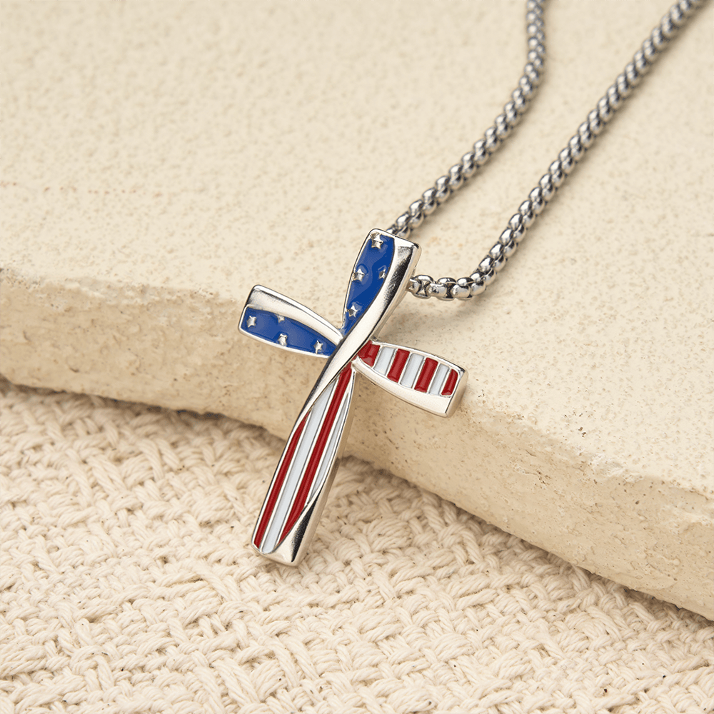 Christianartworkshop Twisted Wrapped Frame Star & Stripe Enamel Inlay Cross Box Chain Necklace - image 4