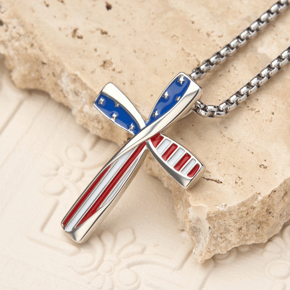 Christianartworkshop Twisted Wrapped Frame Star & Stripe Enamel Inlay Cross Box Chain Necklace - image 1