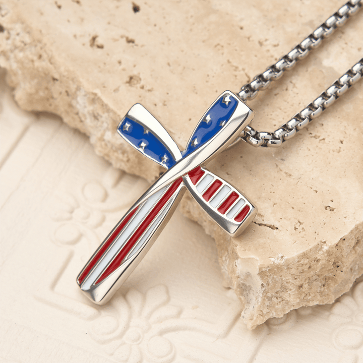 Christianartworkshop Twisted Wrapped Frame Star & Stripe Enamel Inlay Cross Box Chain Necklace - image 1