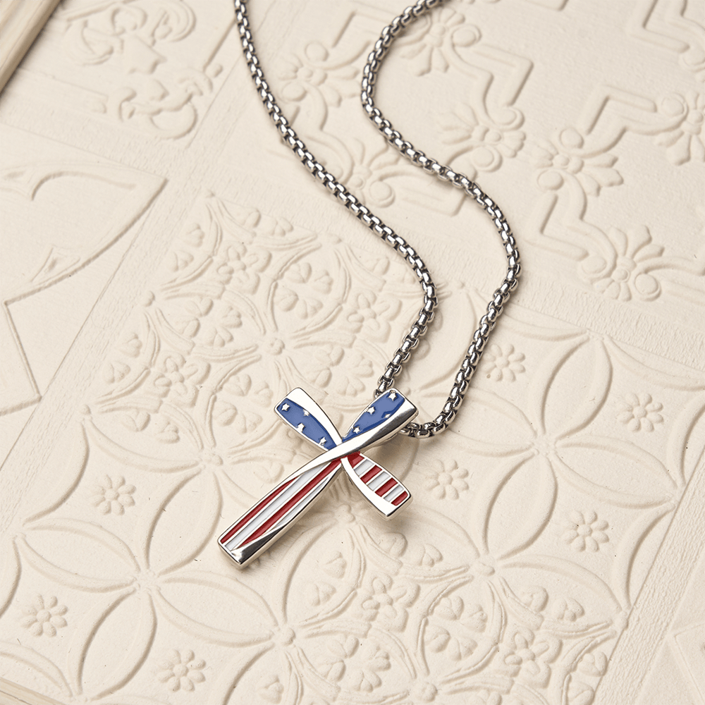 Christianartworkshop Twisted Wrapped Frame Star & Stripe Enamel Inlay Cross Box Chain Necklace - image 3