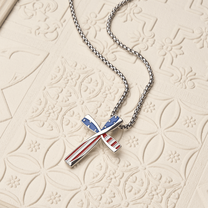 Christianartworkshop Twisted Wrapped Frame Star & Stripe Enamel Inlay Cross Box Chain Necklace - image 3