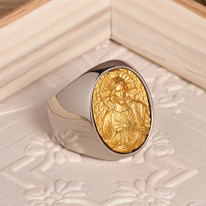 Christianartworkshop Two-Tone Bezel Oval Embossed Sacred Portrait Signet Ring: A Symbol of Gentle Heavenly Grace & Blessed Safeguard - image 26