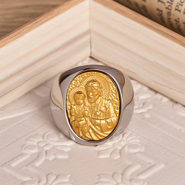 Christianartworkshop Two-Tone Bezel Oval Embossed Sacred Portrait Signet Ring: A Symbol of Gentle Heavenly Grace & Blessed Safeguard - C - US 13 - image 7