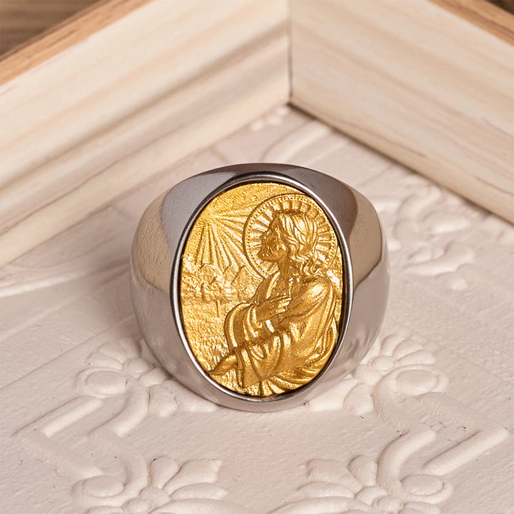 Christianartworkshop Two-Tone Bezel Oval Embossed Sacred Portrait Signet Ring: A Symbol of Gentle Heavenly Grace & Blessed Safeguard - B - US 13 - image 4