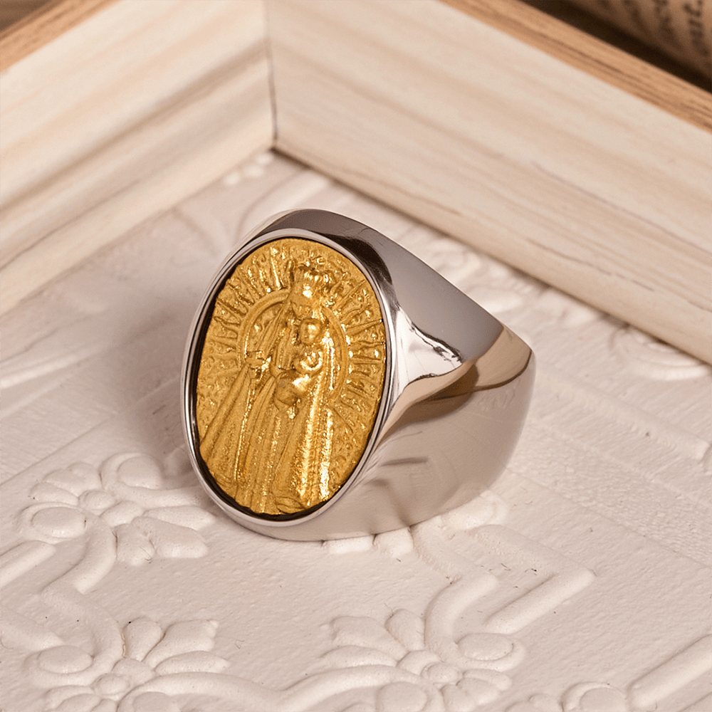 Christianartworkshop Two-Tone Bezel Oval Embossed Sacred Portrait Signet Ring: A Symbol of Gentle Heavenly Grace & Blessed Safeguard - image 3