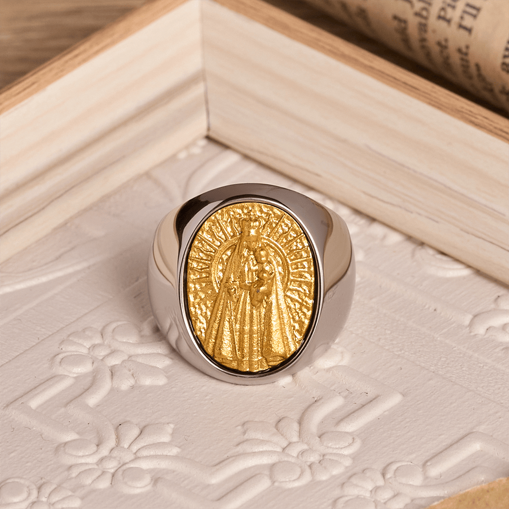 Christianartworkshop Two-Tone Bezel Oval Embossed Sacred Portrait Signet Ring: A Symbol of Gentle Heavenly Grace & Blessed Safeguard - A - US 13 - image 1