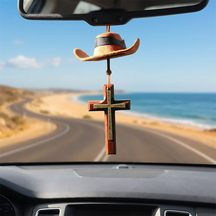 Christianartworkshop Cowboy Hat & Cross Car Pendant: Steadfast Faith for the Open Road - Wood & Metal Cross - Brown - With Bead - image 12