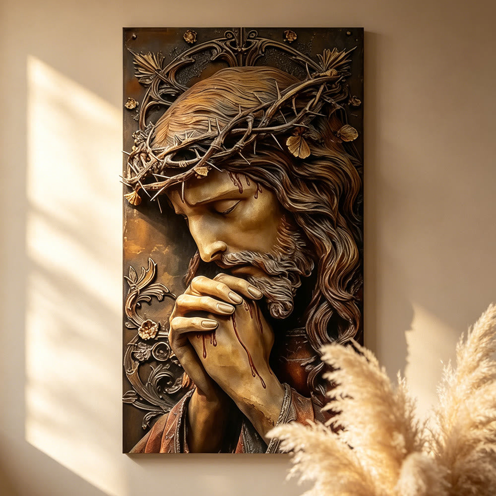 Christianartworkshop Textured Jesus in Prayer with Crown of Thorns Wall Art Print: A Daily Symbol of Redemptive Love & Devotion - Framed Canvas Painting - 13.77"*19.58"*0.7"/35*50*1.8cm - image 0