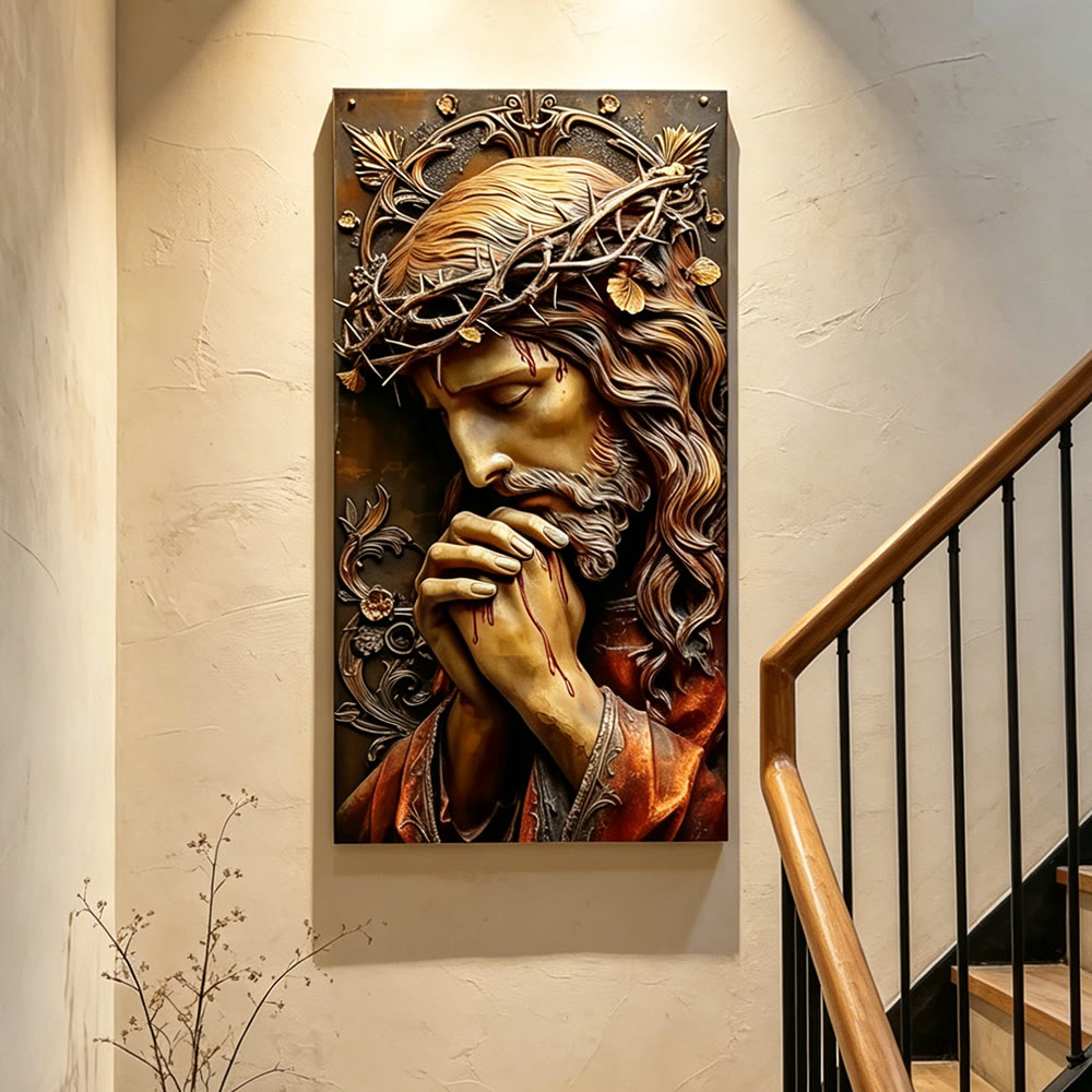 Christianartworkshop Textured Jesus in Prayer with Crown of Thorns Wall Art Print: A Daily Symbol of Redemptive Love & Devotion - image 1