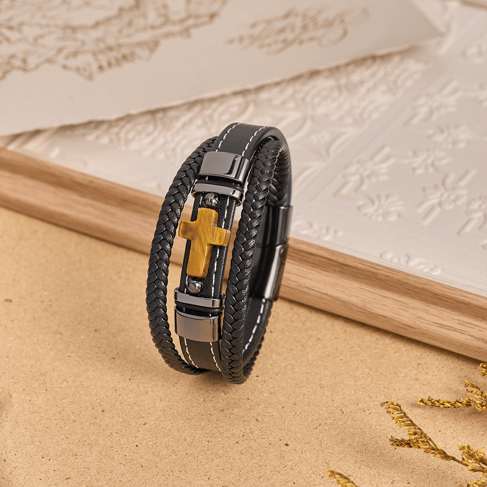 Christianartworkshop Dual-Cord Braided Stitched Leather Bracelet with Polished Stone Cross & Dual Metal Side Bead Details - Black - 23cm - image 1