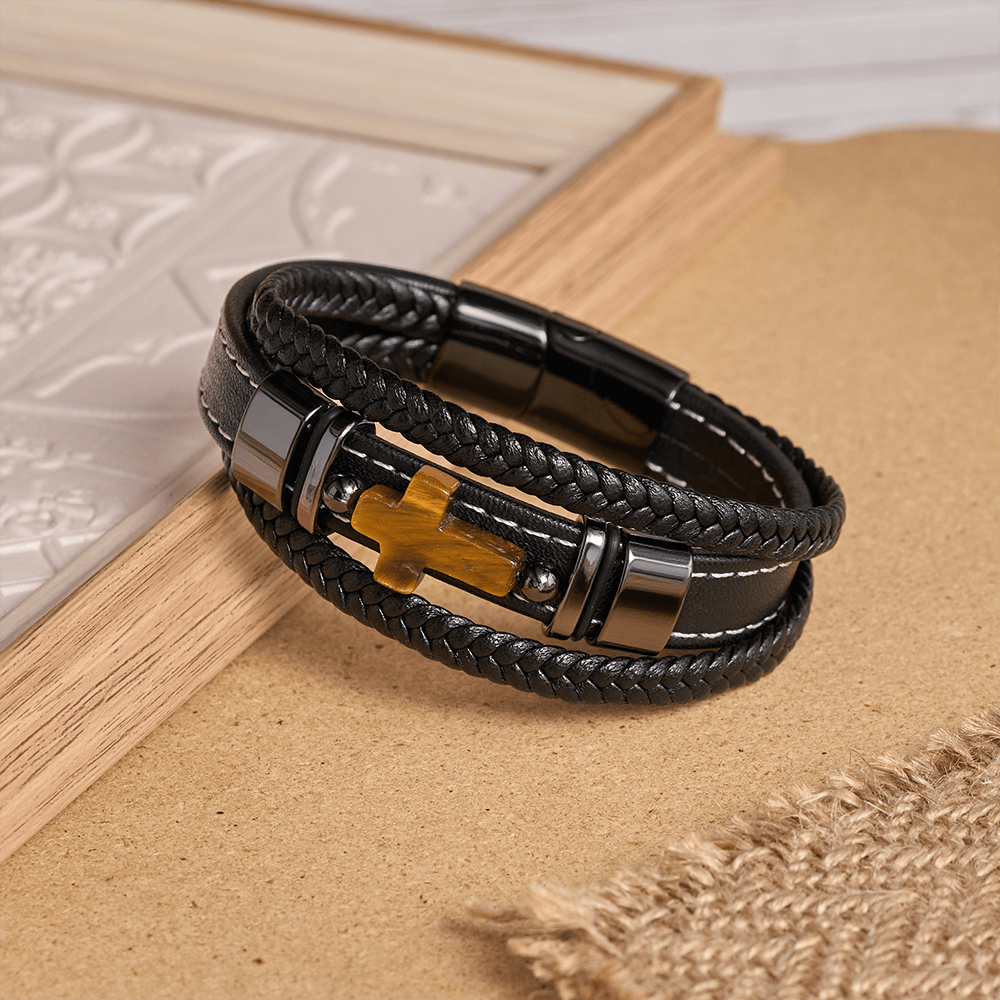 Christianartworkshop Dual-Cord Braided Stitched Leather Bracelet with Polished Stone Cross & Dual Metal Side Bead Details - image 2