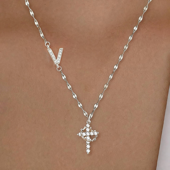 FREE Today: Golden & Silver-Tone Personalized A-Z Initial Crown Cross Necklace: Custom Sacred Faith Monogram Pendant Jewelry - V - Silver - image 52