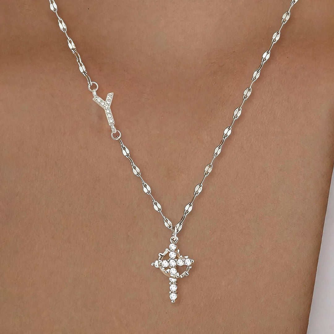 FREE Today: Golden & Silver-Tone Personalized A-Z Initial Crown Cross Necklace: Custom Sacred Faith Monogram Pendant Jewelry - Y - Silver - image 55