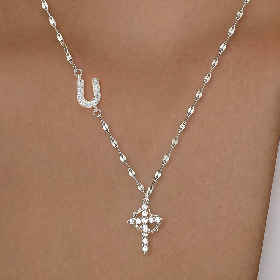 FREE Today: Golden & Silver-Tone Personalized A-Z Initial Crown Cross Necklace: Custom Sacred Faith Monogram Pendant Jewelry - U - Silver - image 51