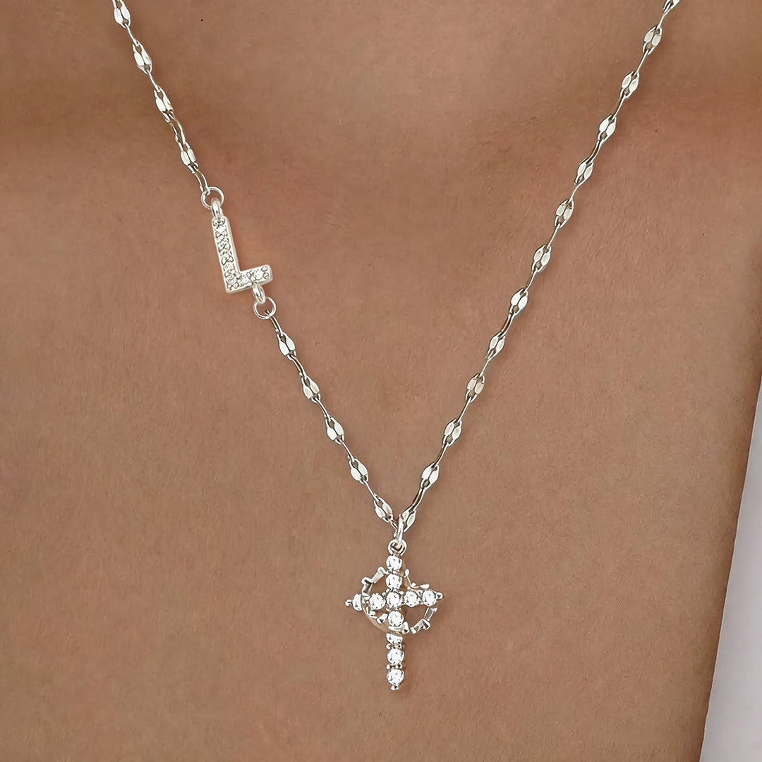 FREE Today: Golden & Silver-Tone Personalized A-Z Initial Crown Cross Necklace: Custom Sacred Faith Monogram Pendant Jewelry - L - Silver - image 42