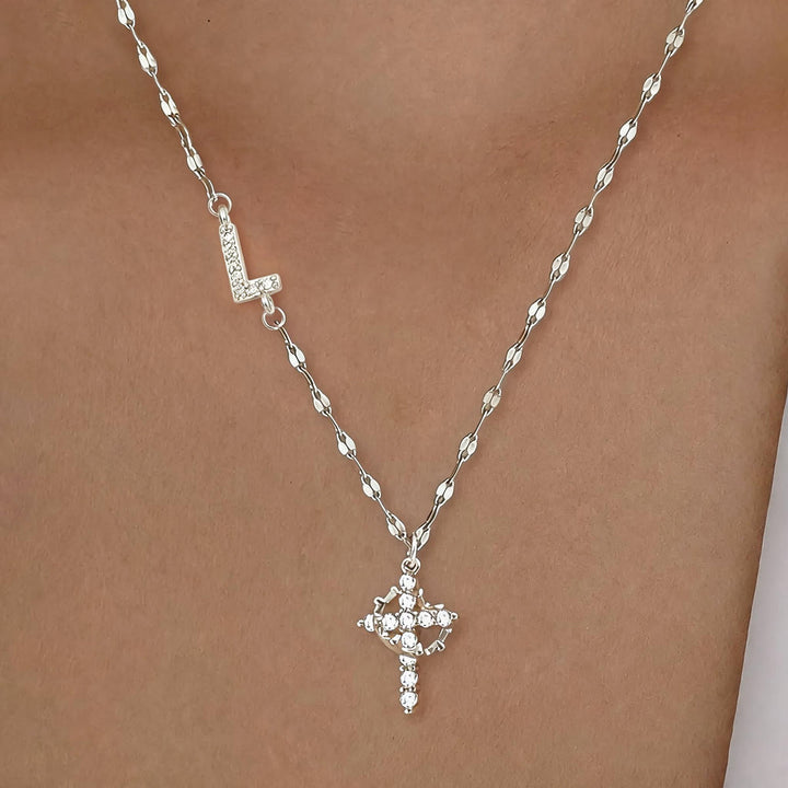 FREE Today: Golden & Silver-Tone Personalized A-Z Initial Crown Cross Necklace: Custom Sacred Faith Monogram Pendant Jewelry - L - Silver - image 42