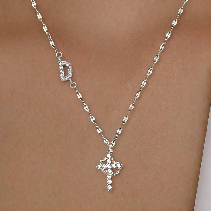 FREE Today: Golden & Silver-Tone Personalized A-Z Initial Crown Cross Necklace: Custom Sacred Faith Monogram Pendant Jewelry - D - Silver - image 33