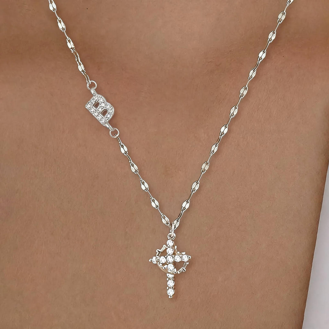 FREE Today: Golden & Silver-Tone Personalized A-Z Initial Crown Cross Necklace: Custom Sacred Faith Monogram Pendant Jewelry - B - Silver - image 31