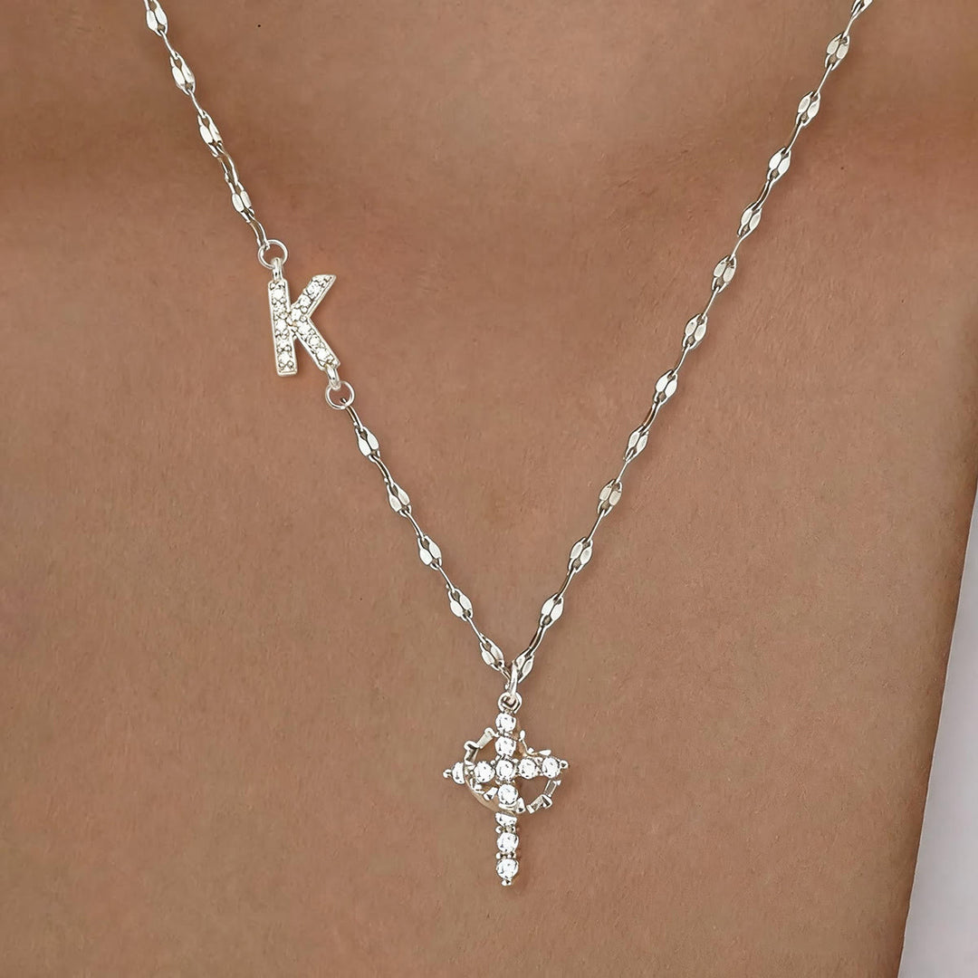 FREE Today: Golden & Silver-Tone Personalized A-Z Initial Crown Cross Necklace: Custom Sacred Faith Monogram Pendant Jewelry - K - Silver - image 41