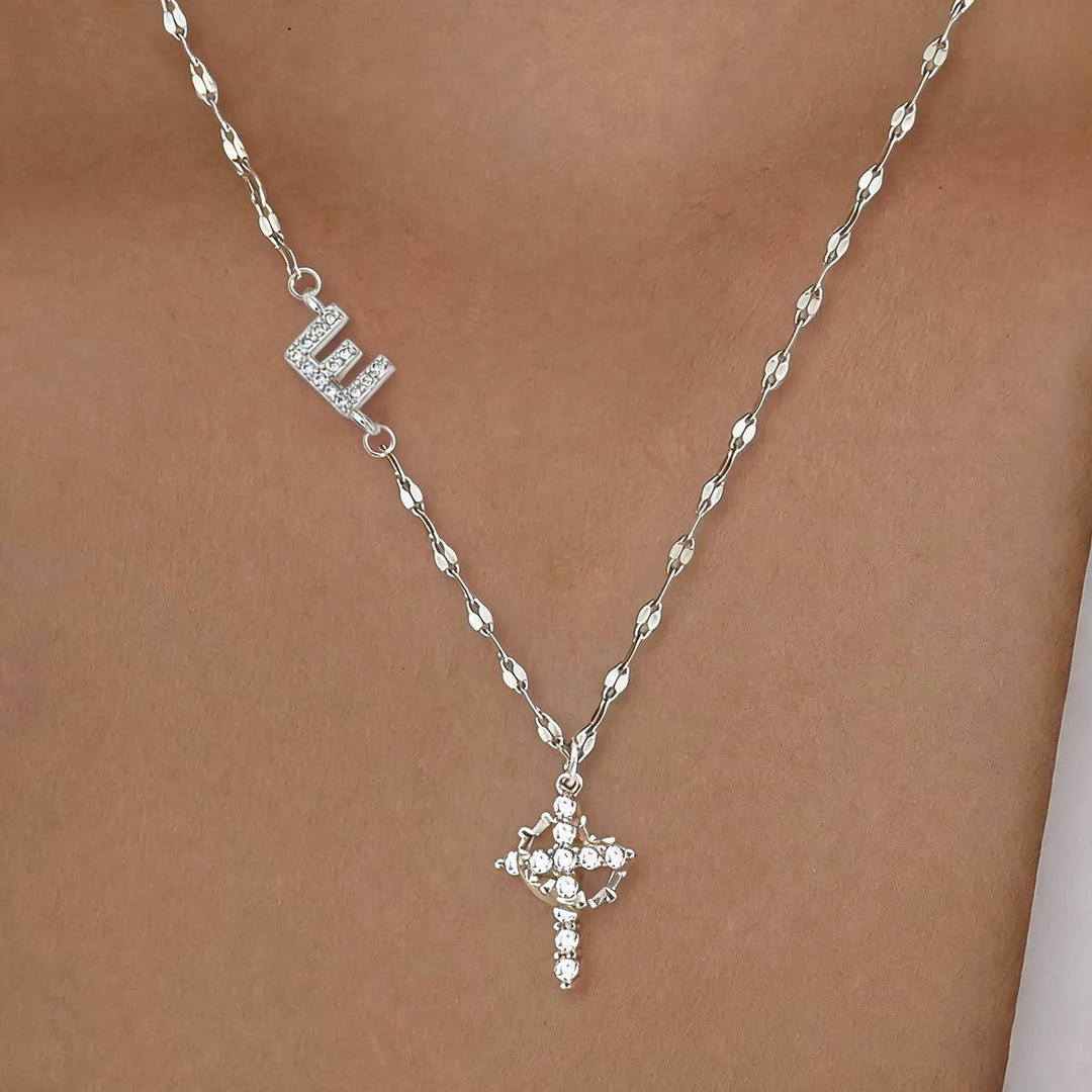 FREE Today: Golden & Silver-Tone Personalized A-Z Initial Crown Cross Necklace: Custom Sacred Faith Monogram Pendant Jewelry - E - Silver - image 35
