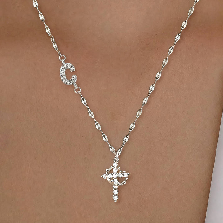 FREE Today: Golden & Silver-Tone Personalized A-Z Initial Crown Cross Necklace: Custom Sacred Faith Monogram Pendant Jewelry - C - Silver - image 32