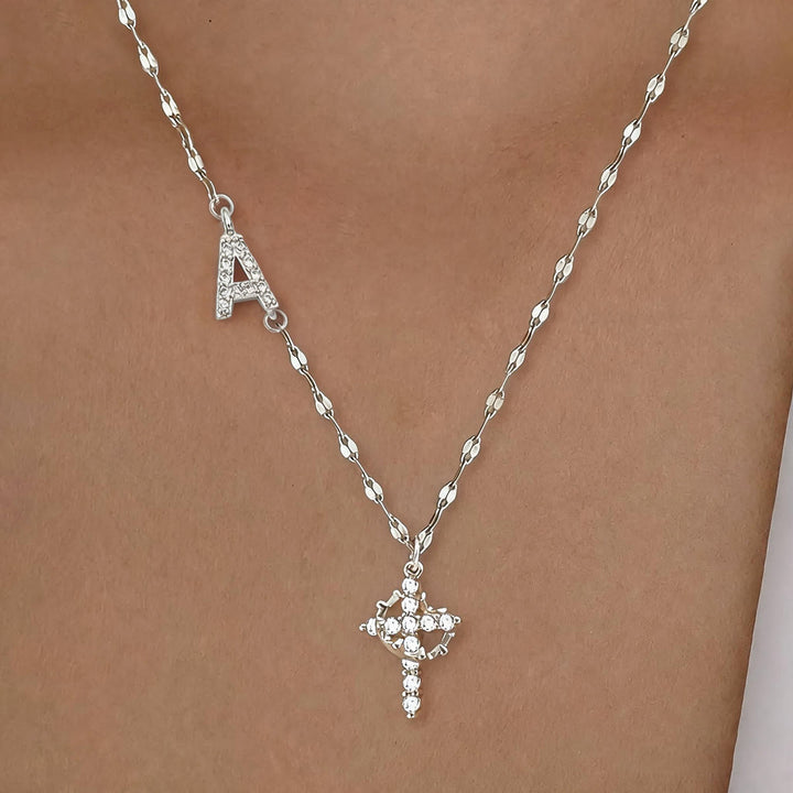 FREE Today: Golden & Silver-Tone Personalized A-Z Initial Crown Cross Necklace: Custom Sacred Faith Monogram Pendant Jewelry - A - Silver - image 30