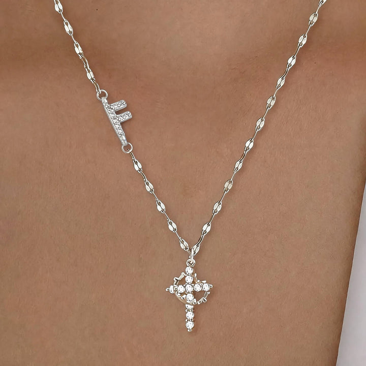 FREE Today: Golden & Silver-Tone Personalized A-Z Initial Crown Cross Necklace: Custom Sacred Faith Monogram Pendant Jewelry - F - Silver - image 36