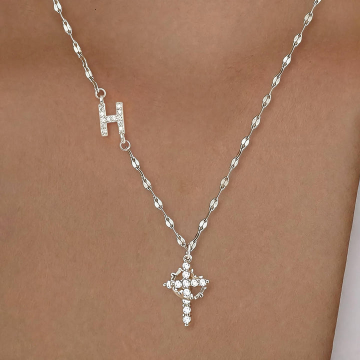 FREE Today: Golden & Silver-Tone Personalized A-Z Initial Crown Cross Necklace: Custom Sacred Faith Monogram Pendant Jewelry - H - Silver - image 38