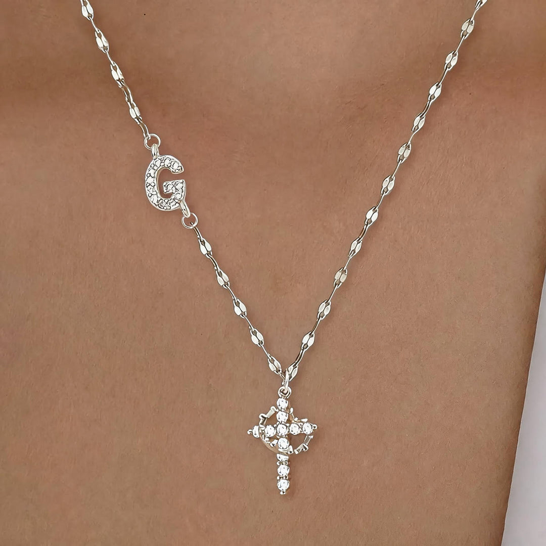 FREE Today: Golden & Silver-Tone Personalized A-Z Initial Crown Cross Necklace: Custom Sacred Faith Monogram Pendant Jewelry - G - Silver - image 37