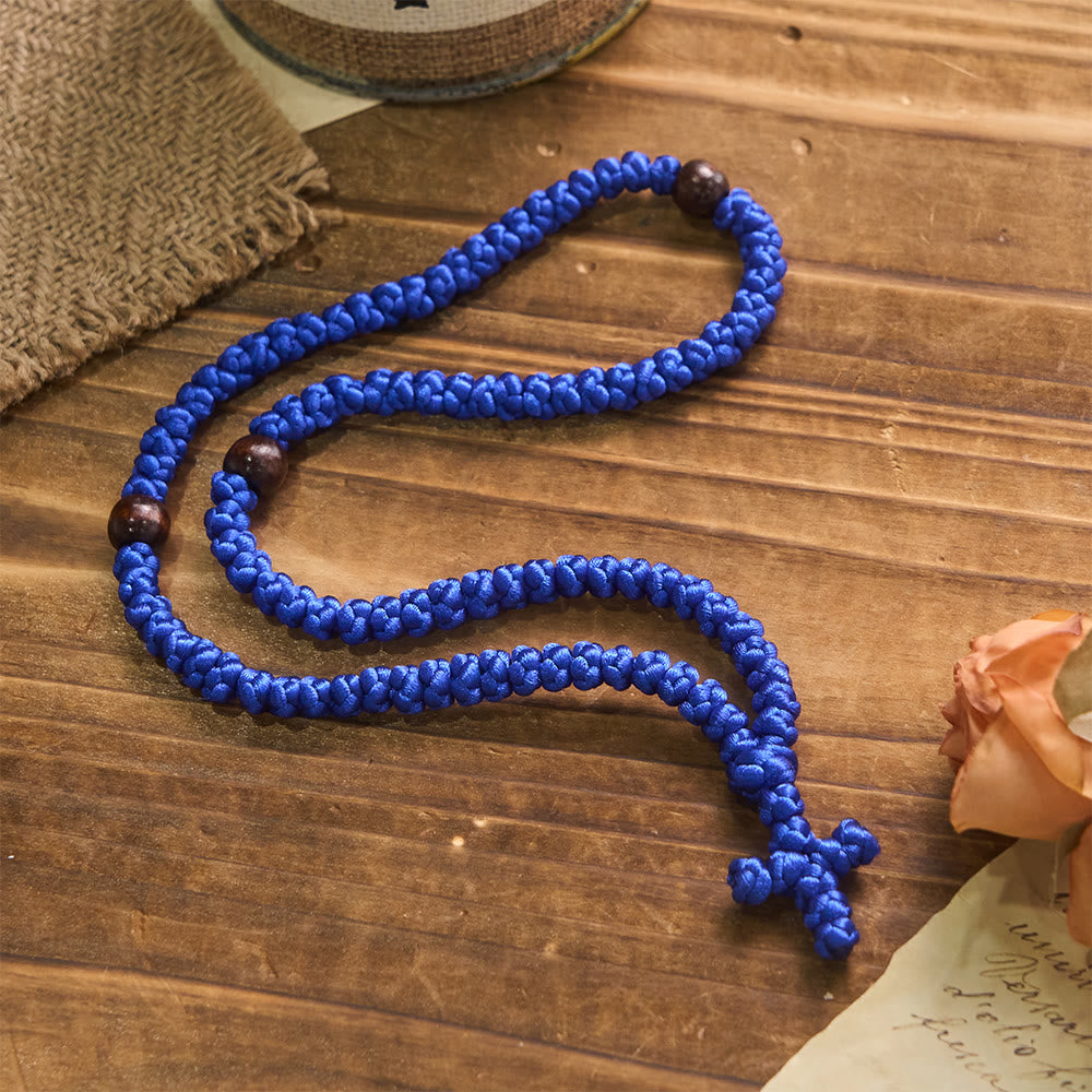 Christianartworkshop Blue & Black Cross 100 Blessing Knots String Necklace: Cherished Symbol of Holy Blessing - Blue - image 0