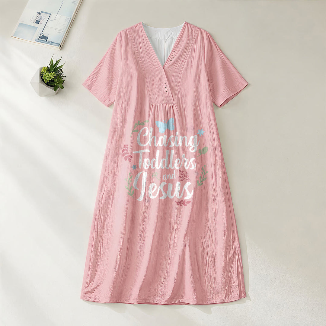 Christianartworkshop "Chasing Toddlers and Jesus" Floral & Butterfly Print V-Neck Short Sleeve Midi Dress - Pink - 4XL - image 10