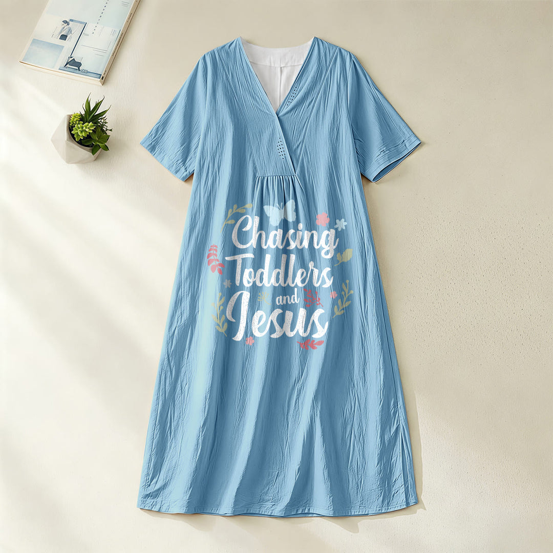 Christianartworkshop "Chasing Toddlers and Jesus" Floral & Butterfly Print V-Neck Short Sleeve Midi Dress - Blue - 4XL - image 4