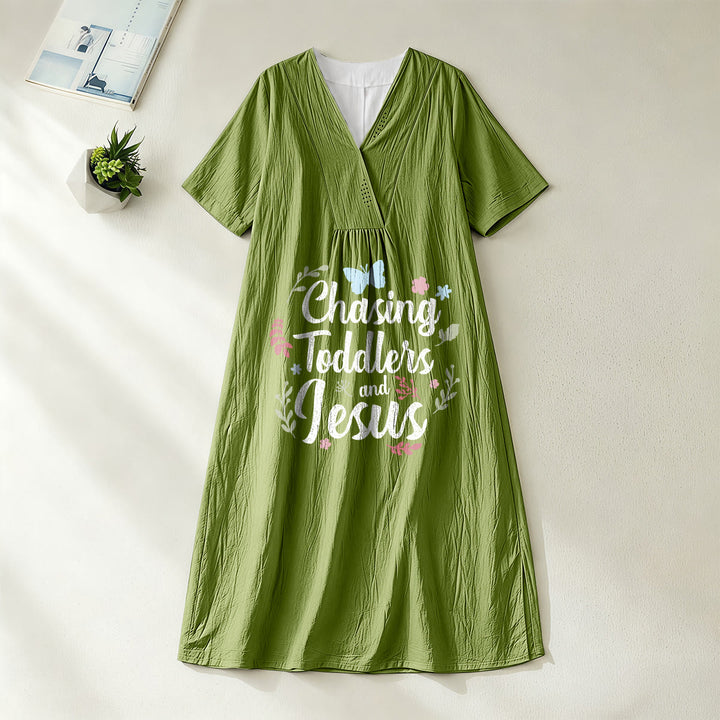 Christianartworkshop "Chasing Toddlers and Jesus" Floral & Butterfly Print V-Neck Short Sleeve Midi Dress - Olive Green - 4XL - image 6