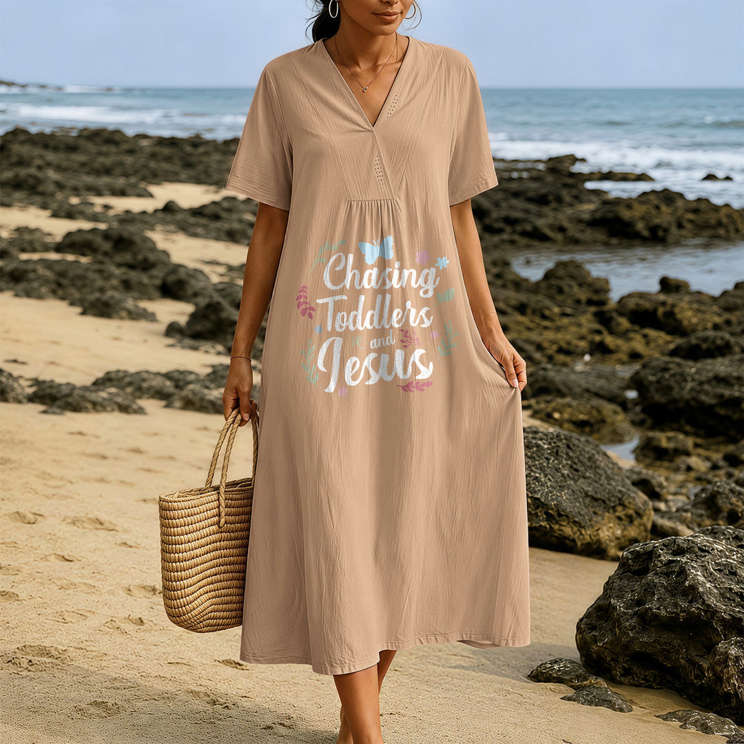 Christianartworkshop "Chasing Toddlers and Jesus" Floral & Butterfly Print V-Neck Short Sleeve Midi Dress - image 9