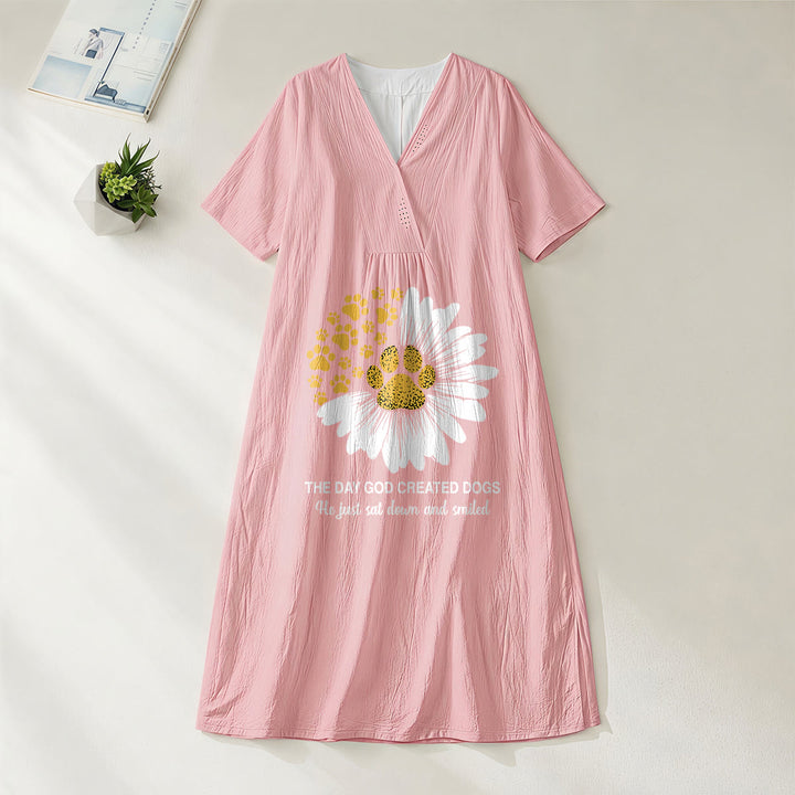 Christianartworkshop "The Day God Created Dogs" Daisy & Paw Print V-Neck Short Sleeve Midi Dress - Pink - 4XL - image 11