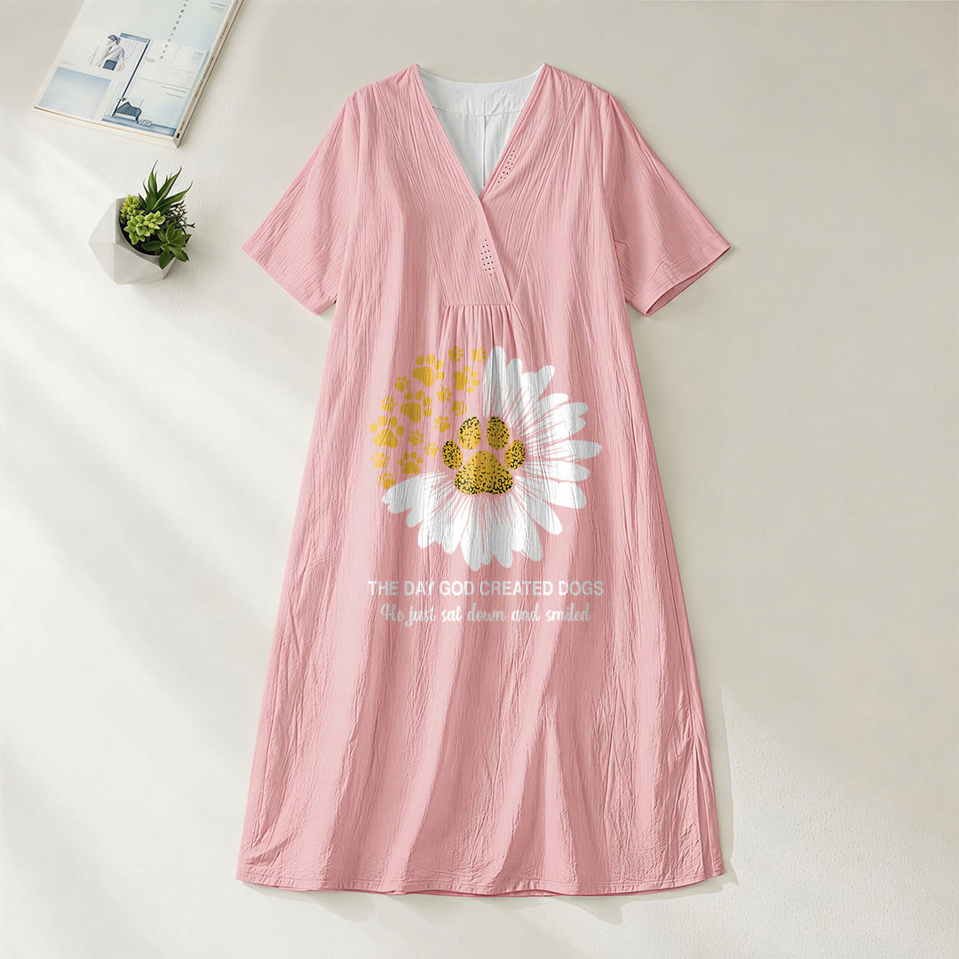 Christianartworkshop "The Day God Created Dogs" Daisy & Paw Print V-Neck Short Sleeve Midi Dress - Pink - 4XL - image 10