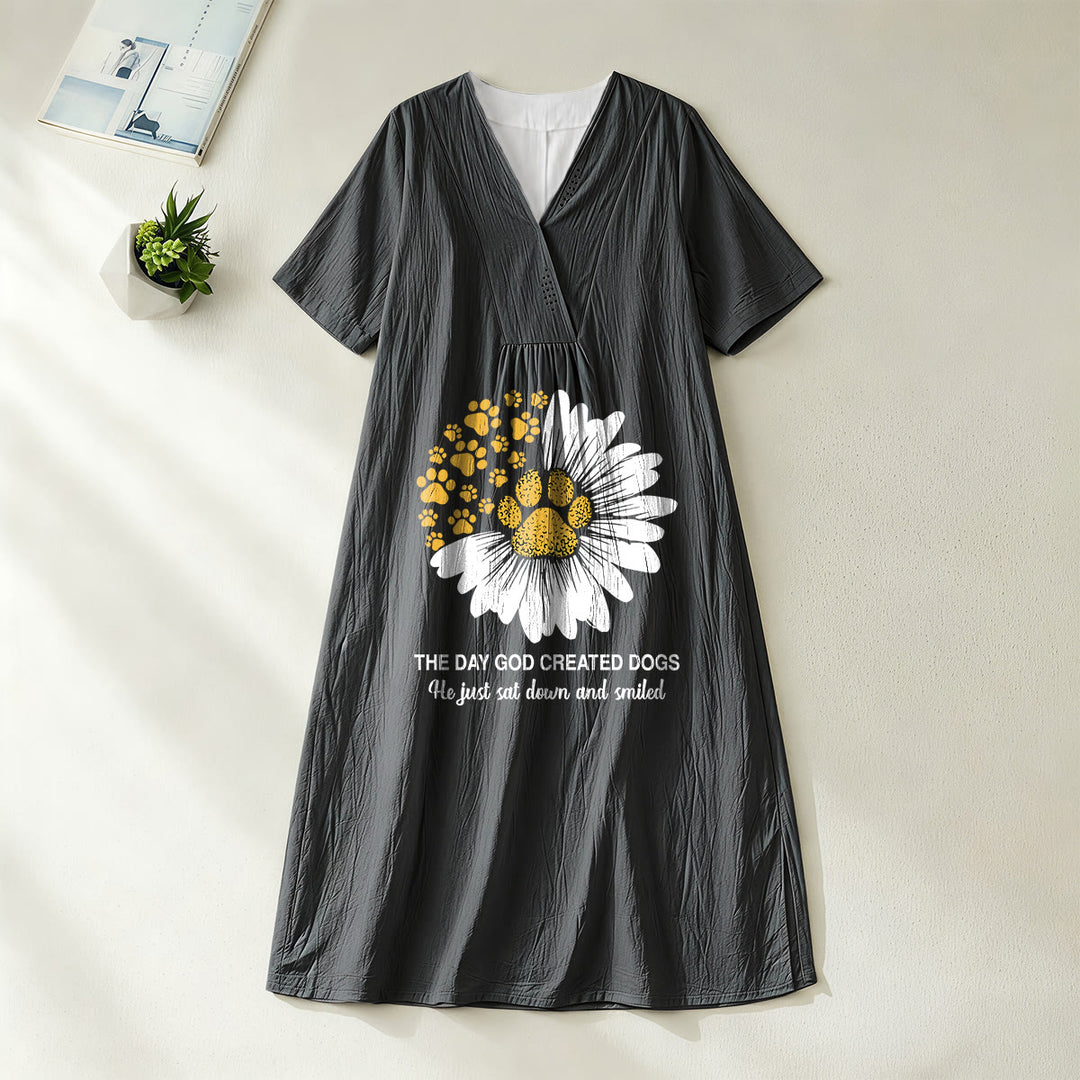 Christianartworkshop "The Day God Created Dogs" Daisy & Paw Print V-Neck Short Sleeve Midi Dress - Black - 4XL - image 2