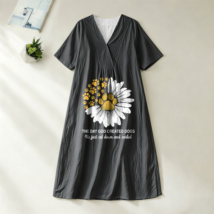 Christianartworkshop "The Day God Created Dogs" Daisy & Paw Print V-Neck Short Sleeve Midi Dress - Black - 4XL - image 2
