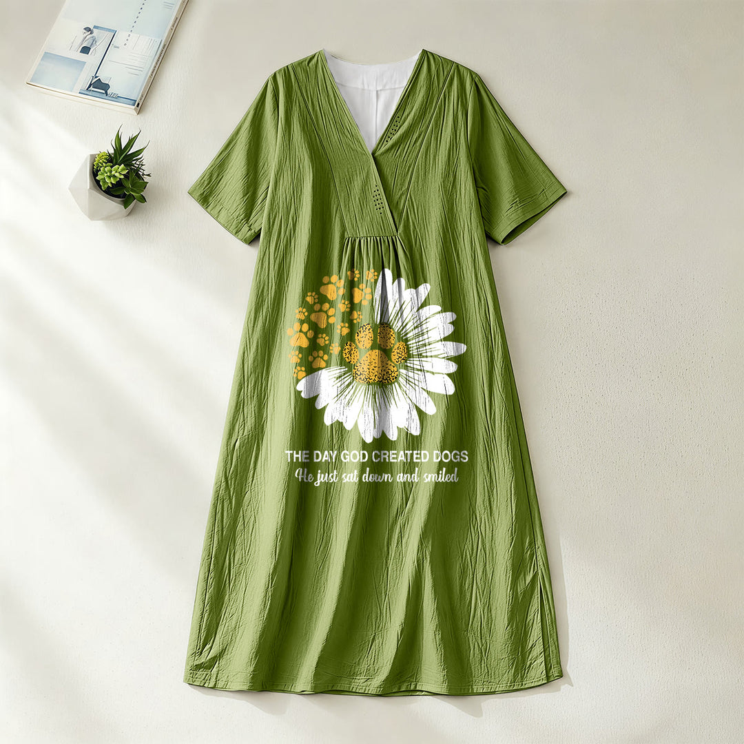 Christianartworkshop "The Day God Created Dogs" Daisy & Paw Print V-Neck Short Sleeve Midi Dress - Olive Green - 4XL - image 6