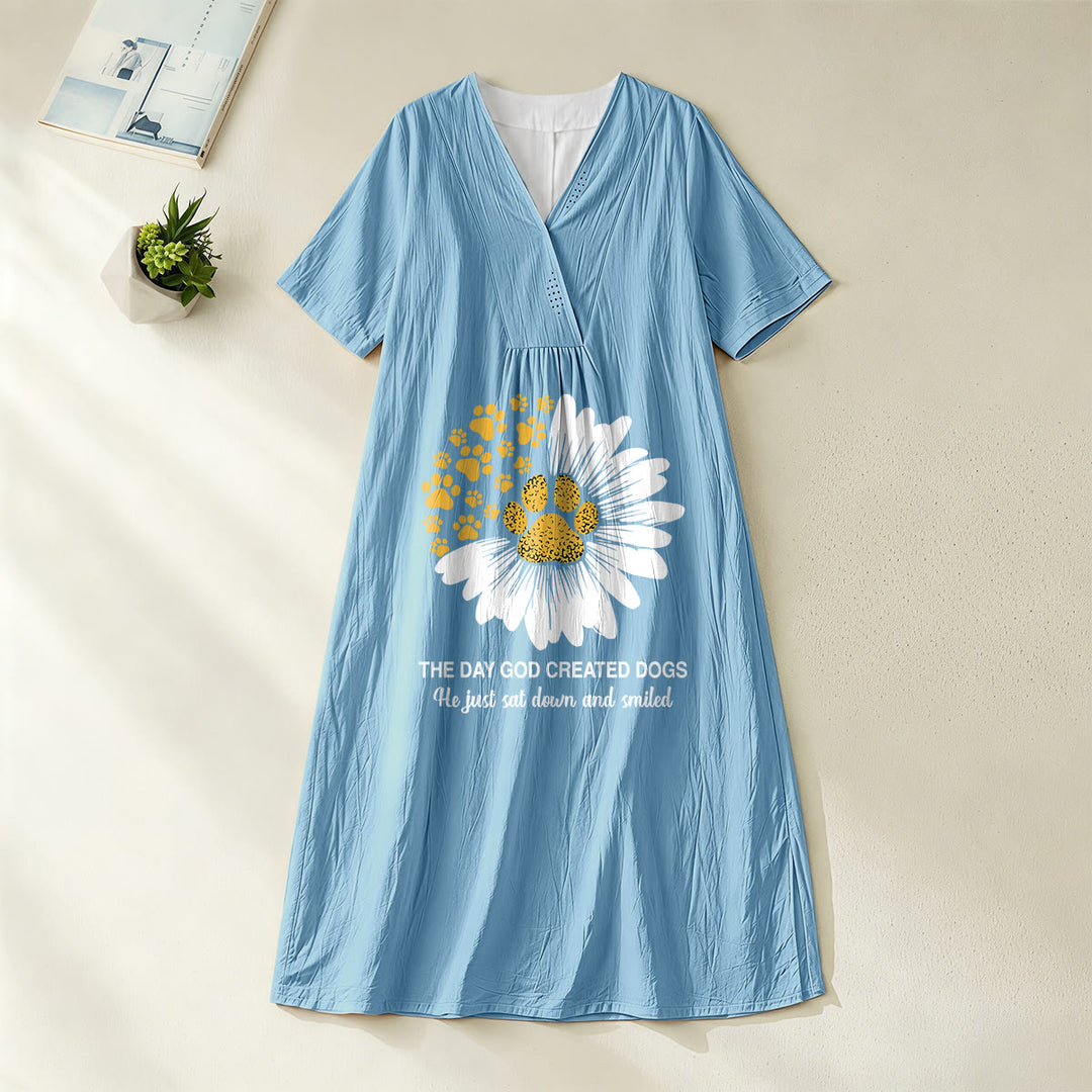 Christianartworkshop "The Day God Created Dogs" Daisy & Paw Print V-Neck Short Sleeve Midi Dress - Blue - 4XL - image 4